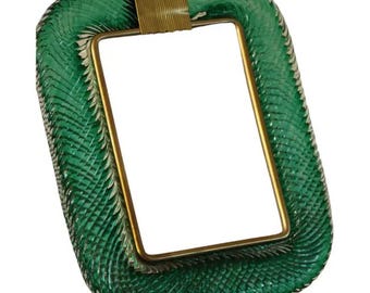 2000's Emerald Green Twisted Murano Glass and Brass Picture Frame