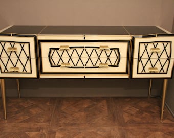 Murano Black and White Glass Chest Of Drawers Or Sideboard With Brass Hardware