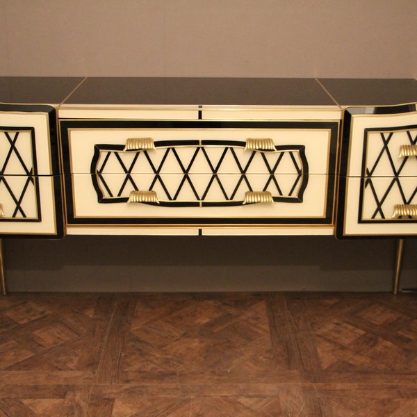 Murano Black and White Glass Chest Of Drawers Or Sideboard With Brass Hardware