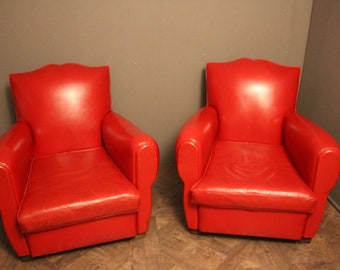 Pair of Art Deco French Mustache Back Club Chairs in Red Leather