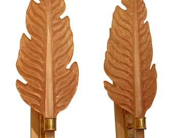 Pair of Pink Murano Glass Sconces, Leaf Shape Wall Lights, Barovier Style