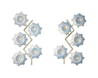 Large Pair of Sconces with Iridescent Blue Murano Glass Flowers, Blue Glass Wall Lights