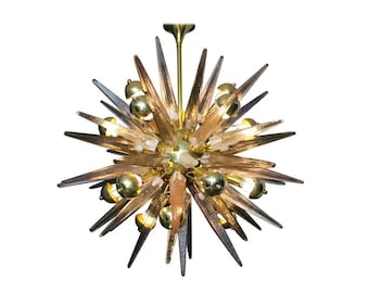 Sputnik Chandelier with Pink, Smoke and Clear Crystal Murano Glass Spikes