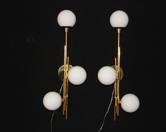 Italian Mid-Century Modern Brass and Murano Glass Sconces, Pair