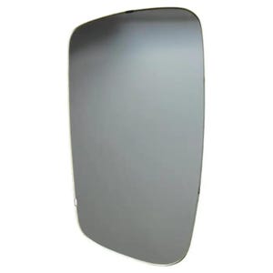 May include: A rectangular, slightly curved, gray mirror with a white border. The mirror has rounded corners and a reflective surface. The image is a close-up of the mirror, showing its shape and color.