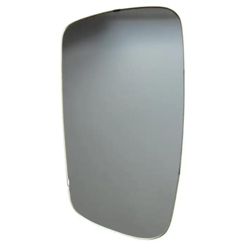 May include: A rectangular, slightly curved, gray mirror with a white border. The mirror has rounded corners and a reflective surface. The image is a close-up of the mirror, showing its shape and color.