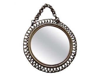 Miroir mural rond vintage en rotin et bambou des années 1960 par Franco Albini
