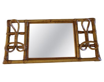 1960s Franco Albini Style Rattan and Bamboo Wall Mirror Coat Rack