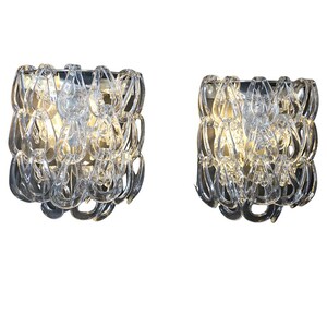 Pair of Clear Murano Glass Sconces by Angelo Mangiarotti for Vistosi Murano Glass in Barovier Style, Vistosi Wall Lights