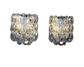 Pair of Clear Murano Glass Sconces by Angelo Mangiarotti for Vistosi Murano Glass in Barovier Style, Vistosi Wall Lights