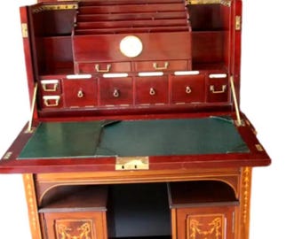 Escritorio de campaña eduardiano, escritorio fijo con incrustaciones, escritorio de viaje