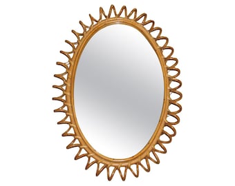 1960s Rattan and Bamboo Round Wall Mirror by Franco Albini