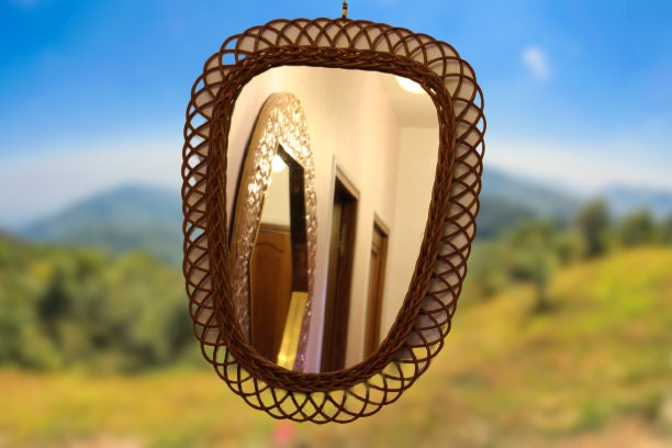 Miroir Vintage Des Années 60 en Rotin et Bambou