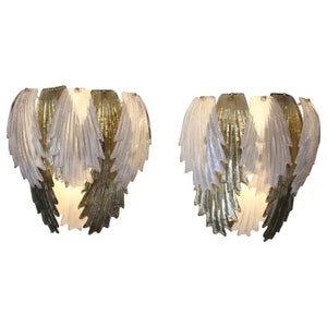 Pair of Golden and White Murano Glass Sconces in Leaves Shape