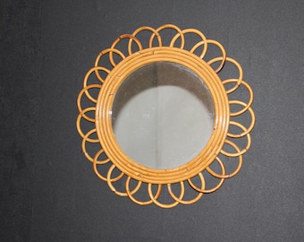 Vintage 1960’s Rattan and Bamboo Round Wall Mirror by Franco Albini