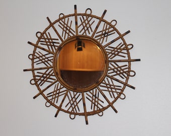 Vintage 1960’s Rattan and Bamboo Round Wall Mirror by Franco Albini