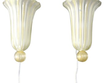 Pair of Italian Murano Glass and Gold Fleck Wall Sconces, Mid-20th Century