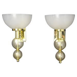 Pair of Cup Sconces in Ivory and Gold Murano Glass and Brass, Pair of Golden Glass Wall Lights