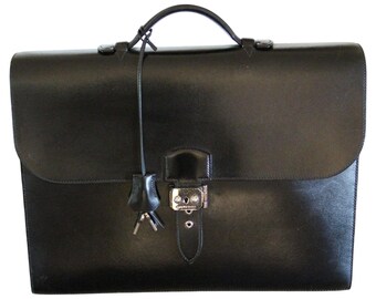 Hermes Black Leather Sac A Depeches Briefcase, Hermes Briefcase, Hermes bag