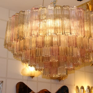 Pink , White and Amber Color Venini Style Tronchi Round Chandelier, Murano Glass