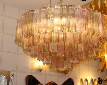 Pink , White and Amber Color Venini Style Tronchi Round Chandelier, Murano Glass