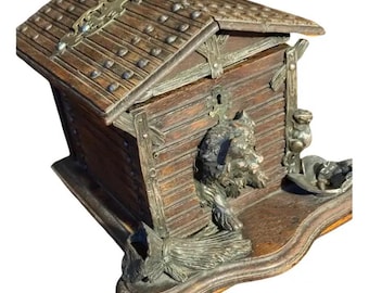 19th Century French Cigar Box With a Bronze Dog In A Dog House , Cigar Cave