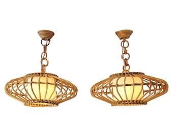 Louis Sognot Bamboo Flying Saucer Pendant Lantern Chandelier 1950