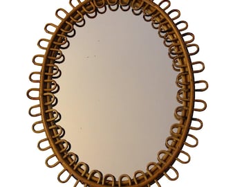 Vintage 1960s Rattan and Bamboo Oval Wall Mirror in the style of Franco Albini