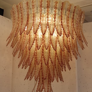 Coral Red and Champagne Color Italian Murano Five-Tier Glass Chandelier