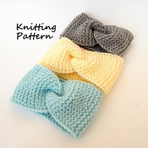 May include: Three knitted headbands in different colors: light blue, pale yellow, and gray. The headbands are twisted and knotted in the center.