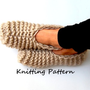 May include: Knitting pattern for beige knitted slippers. The slippers are shown on a person's feet.