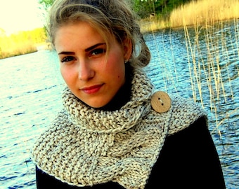 KNITTING PATTERN  Cable Knit Button Cowl  Neck Warmer Scarf Pattern