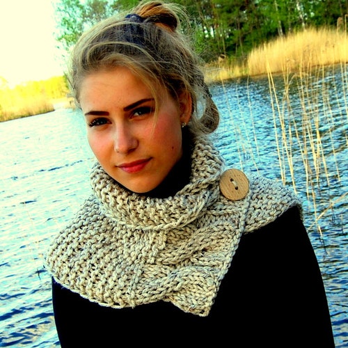 Button Neck Warmer Knitting Pattern Cable Design Quick Fast Etsy