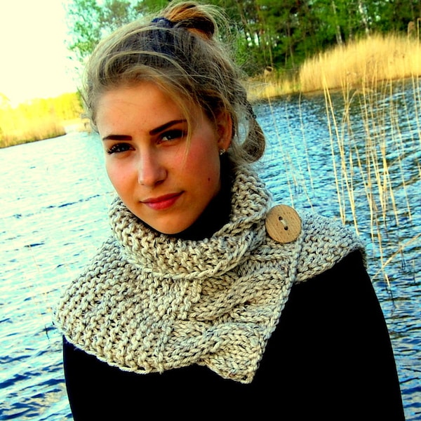 KNITTING PATTERN  Cable Knit Button Cowl  Neck Warmer Scarf Pattern ENGLISH