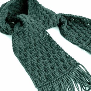 May include: A dark teal knitted scarf with a textured pattern and fringe detail. The scarf is made of a soft material and is displayed on a white background. The scarf is a winter accessory.