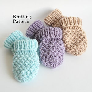 May include: Three knitted mittens in different colors: light blue, lavender, and beige. The mittens have a textured stitch pattern and a folded cuff.