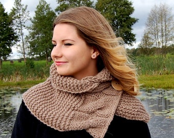 KNITTING PATTERN  Cable Knit Button Cowl Pattern / Neck Warmer / Scarf Pattern