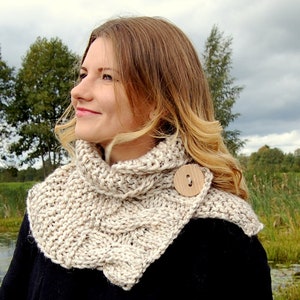 KNITTING PATTERN  Cable Knit Button Cowl Pattern  Scarf  Wrap  Neck Warmer Pattern