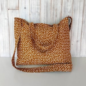 Caramel Spots Linen shoulder or crossbody bag with divided pockets - Lined, magnetic closure - Handmade fabric shopping, work, study bag