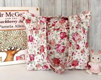 Cottage Roses Mini Tote Bag - Handmade kids handbag with ruffled pocket - Toddler, child gift