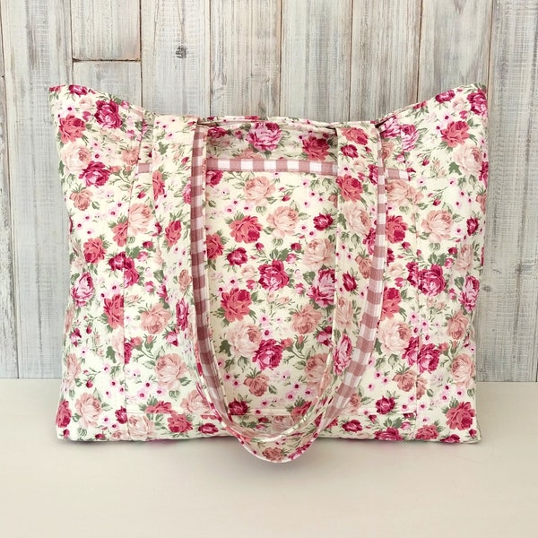 Quilted Cottage Roses floral bag with pockets, magnetic closure - Large handmade cotton shoulder bag - Fabric shopping, work, craft  bag