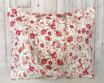 Cottage Roses Bag with pockets - Handmade floral shoulder bag, magnetic closure - Market tote
