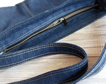 Handmade Dark Blue Denim Bag with zippers and pockets - Shoulder or crossbody bag - Floral cotton lining
