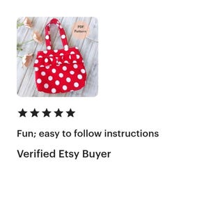 May include: A red tote bag with white polka dots and white handles. The bag has a ruffled top and is labeled "PDF Pattern". The text below the image says "Fun; easy to follow instructions" and "Verified Etsy Buyer".