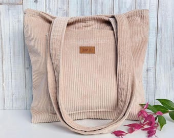 Handmade Corduroy Shoulder Bag with pockets - Almond cotton tote with magnetic closure