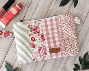 Handmade Scrappy Wristlet Pouch - Cottage Roses quilted floral makeup, cosmetic bag - Small travel purse