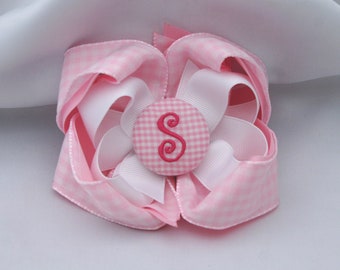 Pink Gingham Monogrammed Button Bow