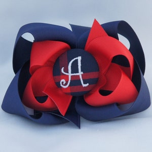 School Uniform Monogrammed Button Bow - Navy and Red Plaid