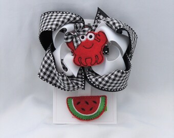 Black Gingham Super Summer Hair Bow Set - Crab and Watermelon