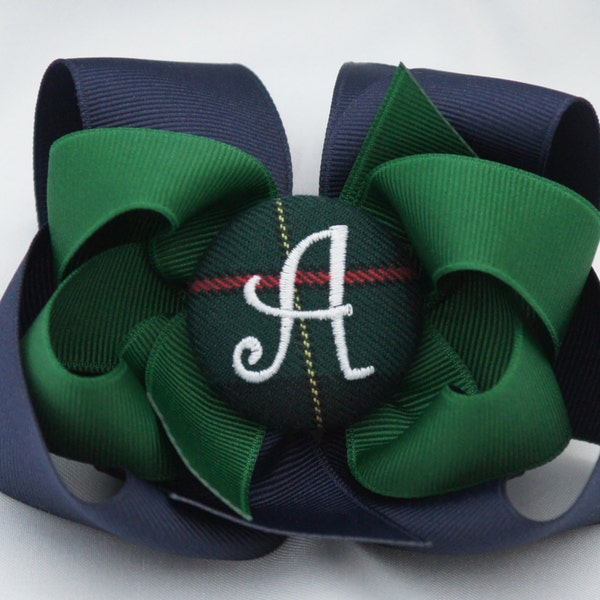 School Uniform Monogrammed Button Bow - Hunter and Classic Navy
